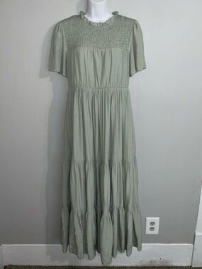 Saving Paige Sage Green Smocked Tiered Maxi Dress with Pockets Medium
